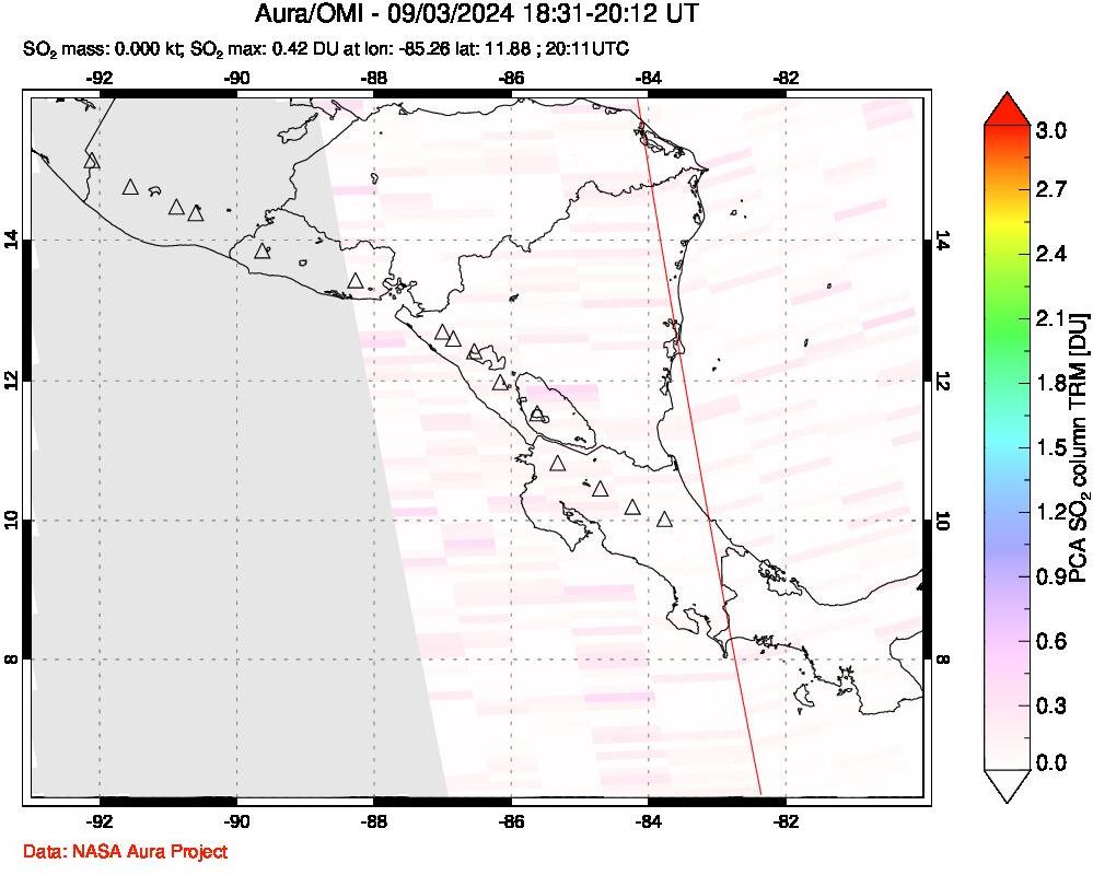 A sulfur dioxide image over Central America on Sep 03, 2024.