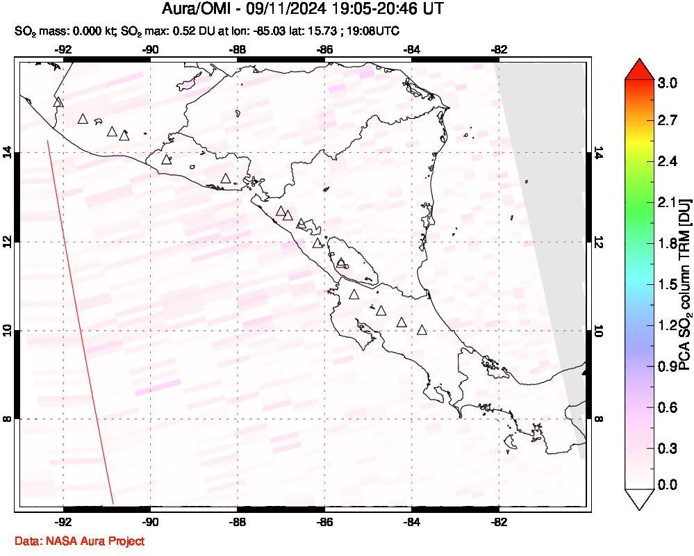 A sulfur dioxide image over Central America on Sep 11, 2024.