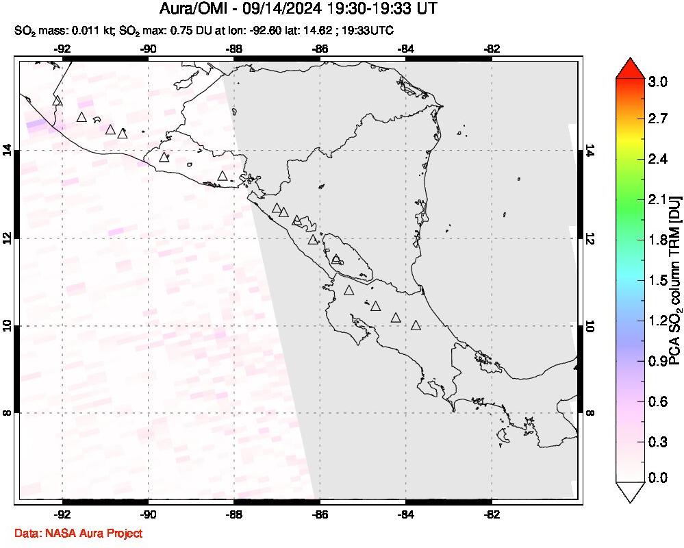 A sulfur dioxide image over Central America on Sep 14, 2024.