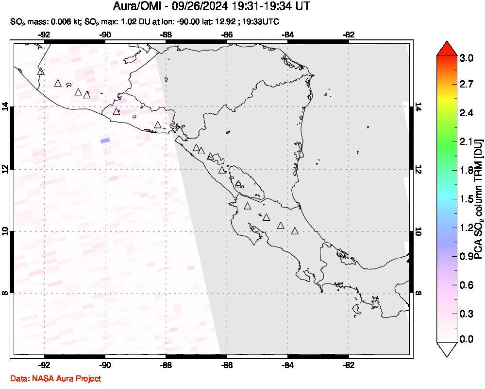 A sulfur dioxide image over Central America on Sep 26, 2024.