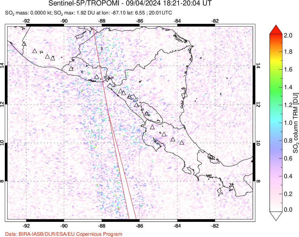 A sulfur dioxide image over Central America on Sep 04, 2024.