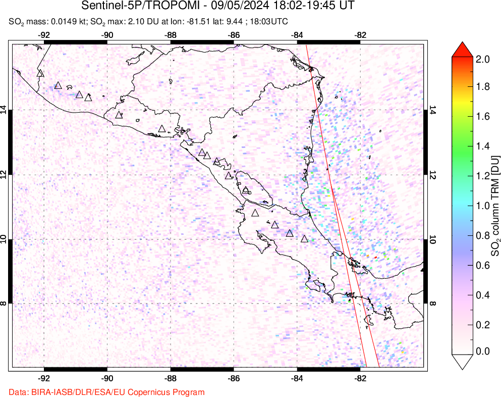 A sulfur dioxide image over Central America on Sep 05, 2024.