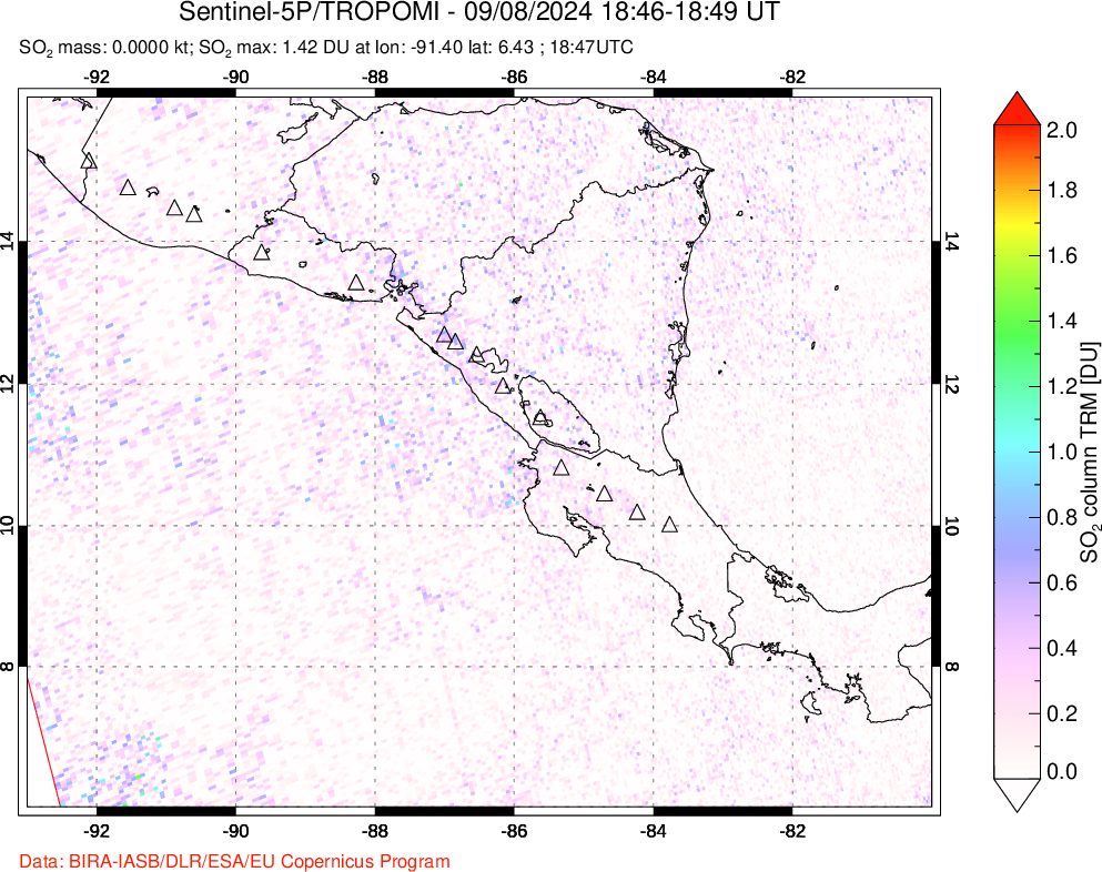 A sulfur dioxide image over Central America on Sep 08, 2024.