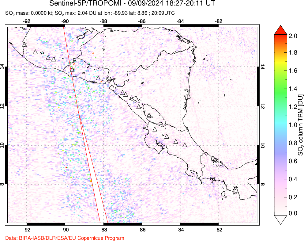 A sulfur dioxide image over Central America on Sep 09, 2024.