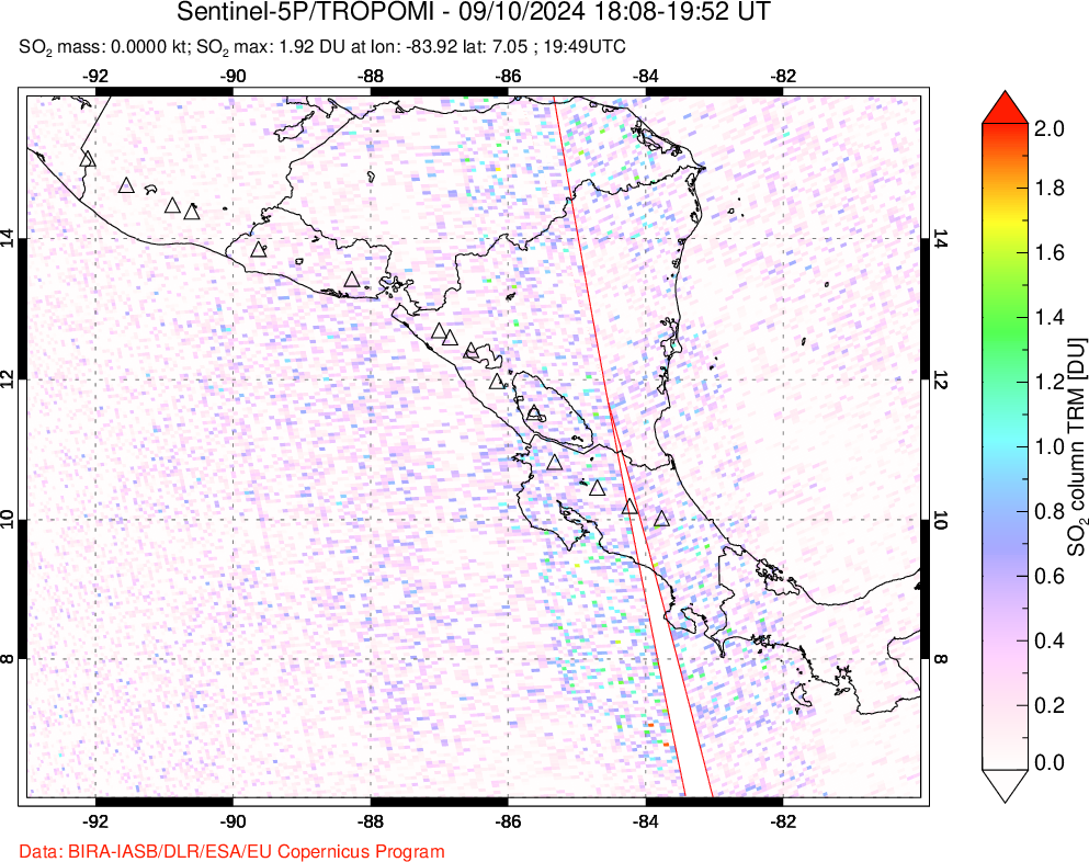 A sulfur dioxide image over Central America on Sep 10, 2024.