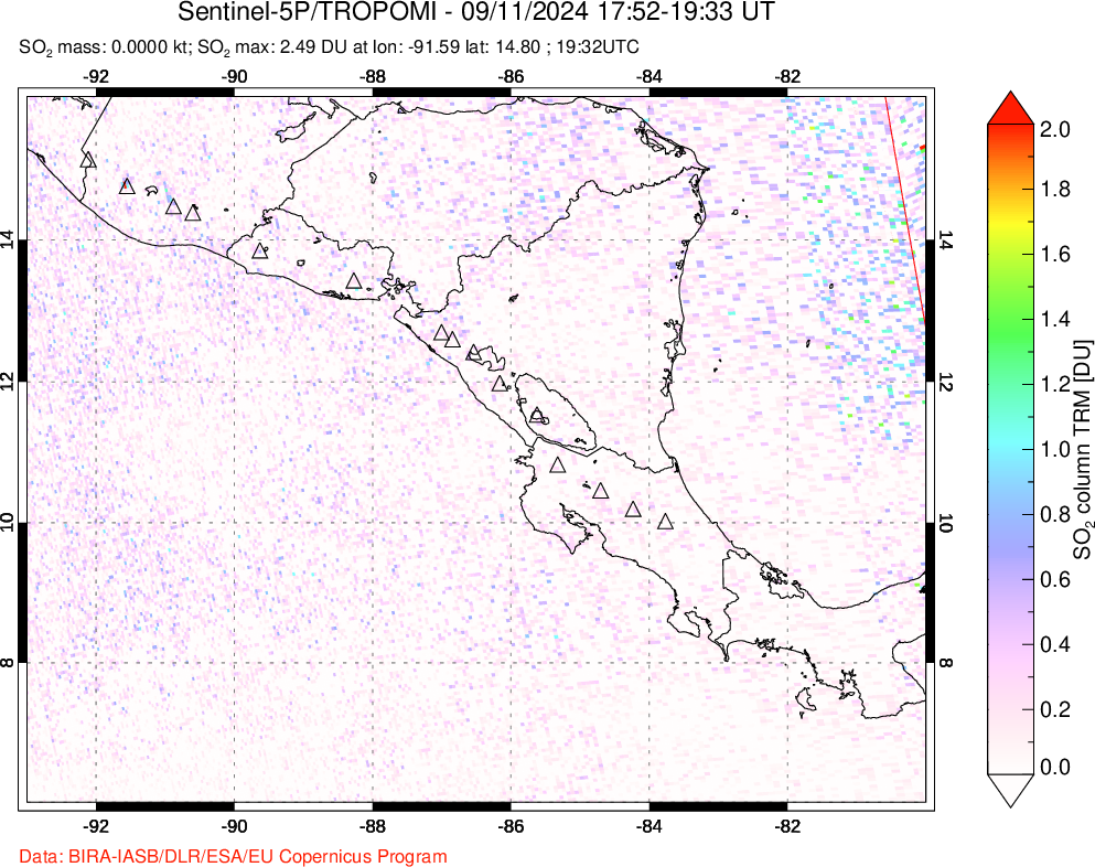 A sulfur dioxide image over Central America on Sep 11, 2024.