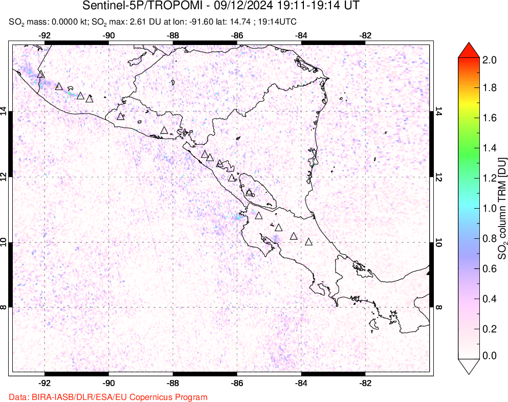 A sulfur dioxide image over Central America on Sep 12, 2024.