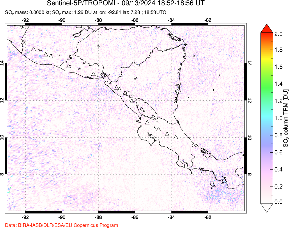 A sulfur dioxide image over Central America on Sep 13, 2024.