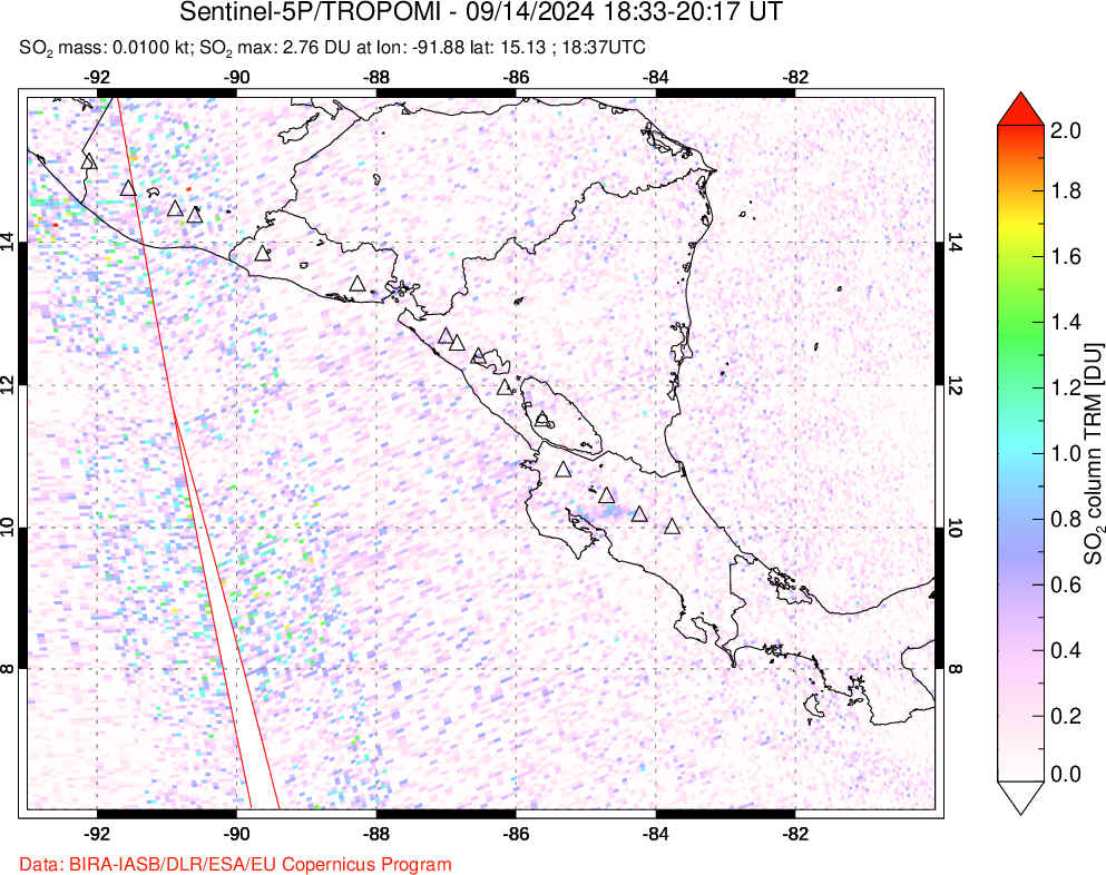 A sulfur dioxide image over Central America on Sep 14, 2024.