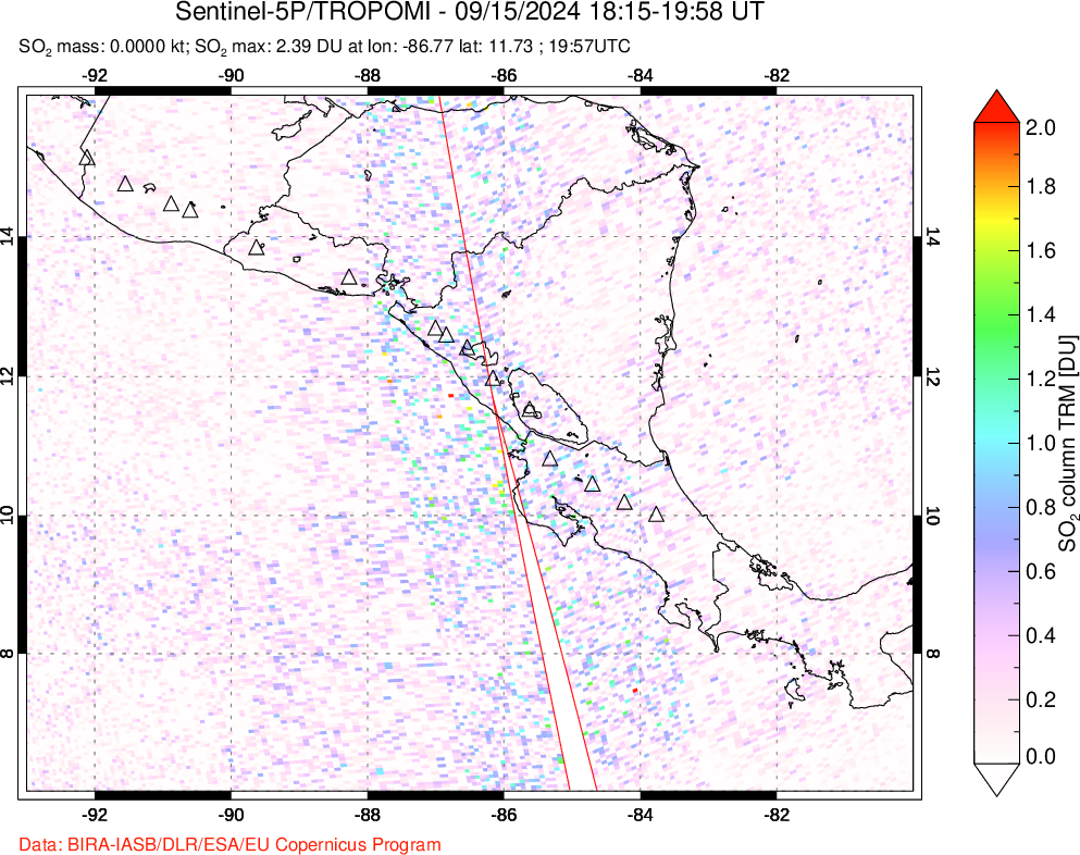 A sulfur dioxide image over Central America on Sep 15, 2024.