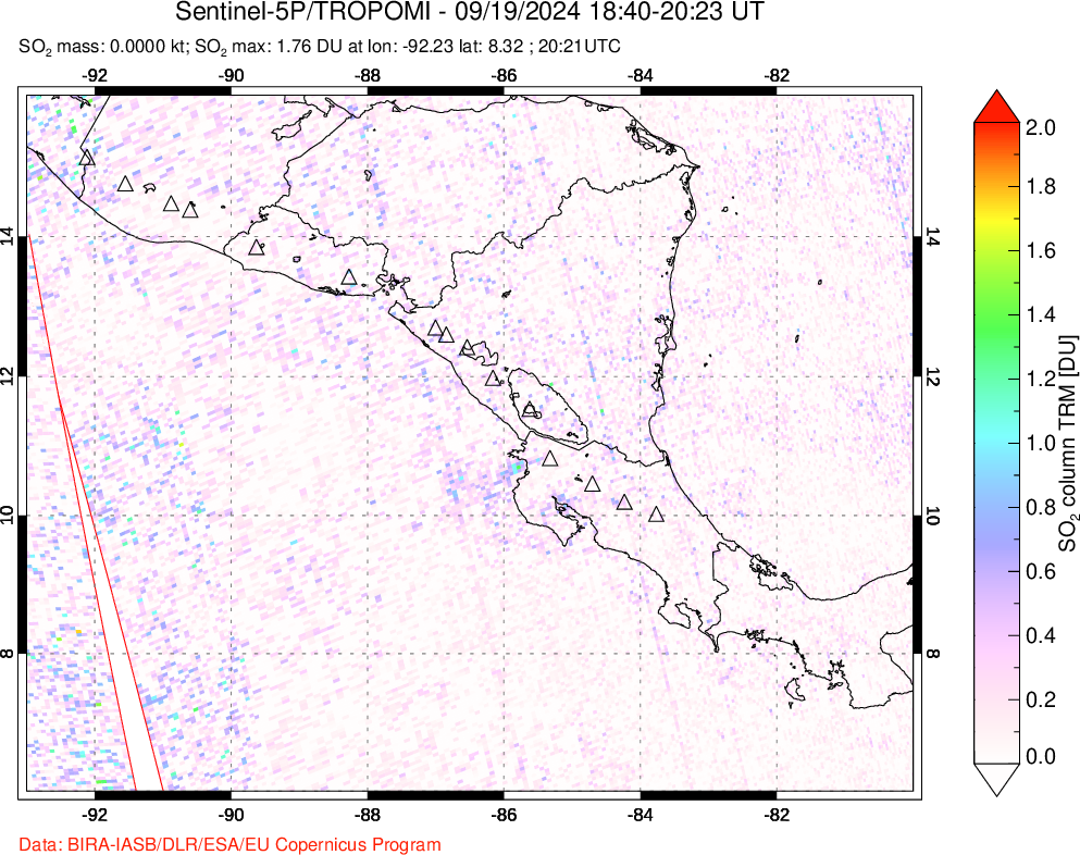 A sulfur dioxide image over Central America on Sep 19, 2024.