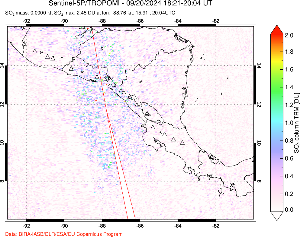 A sulfur dioxide image over Central America on Sep 20, 2024.