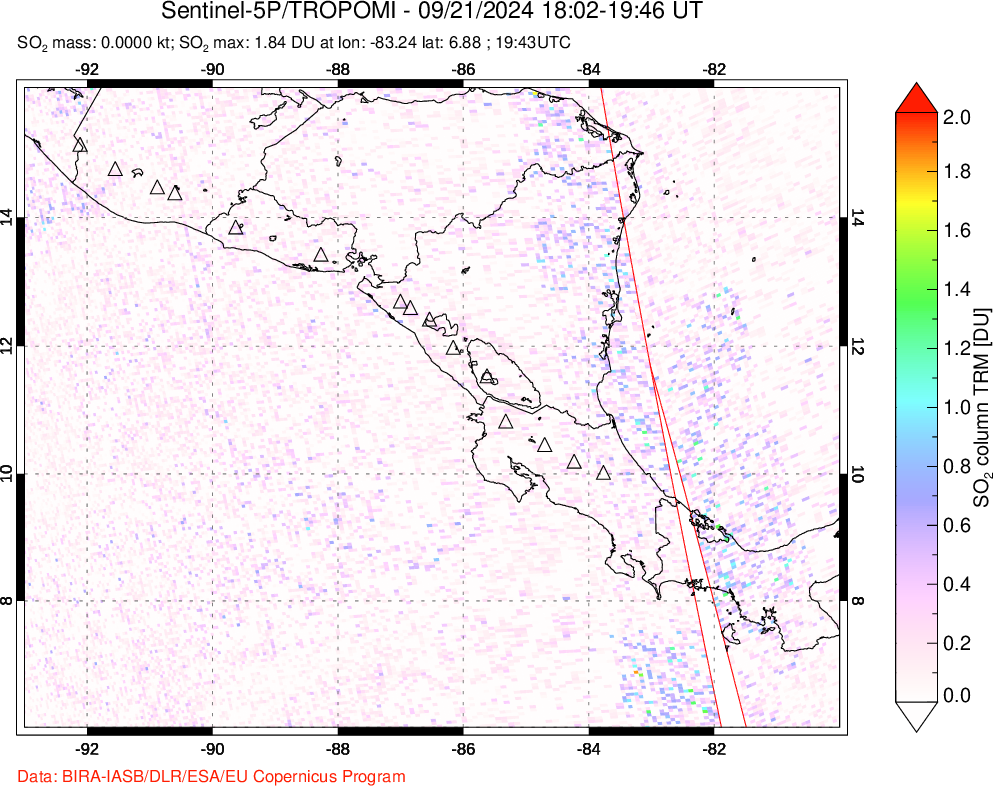 A sulfur dioxide image over Central America on Sep 21, 2024.