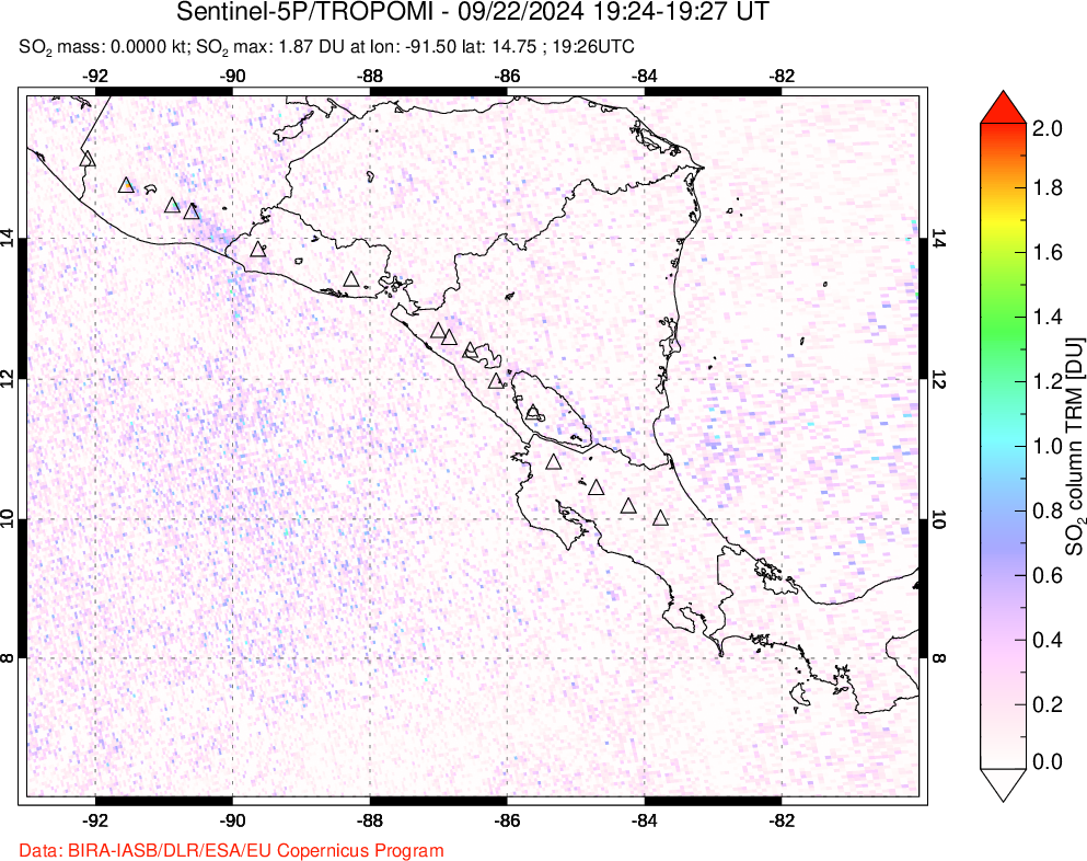 A sulfur dioxide image over Central America on Sep 22, 2024.