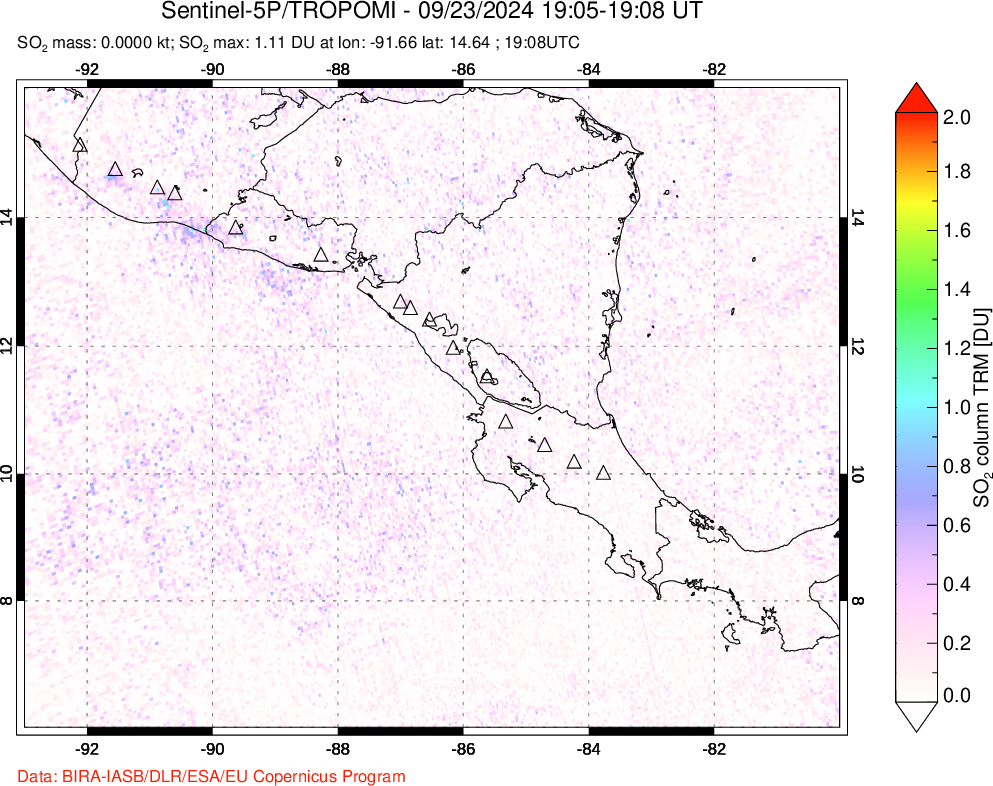 A sulfur dioxide image over Central America on Sep 23, 2024.