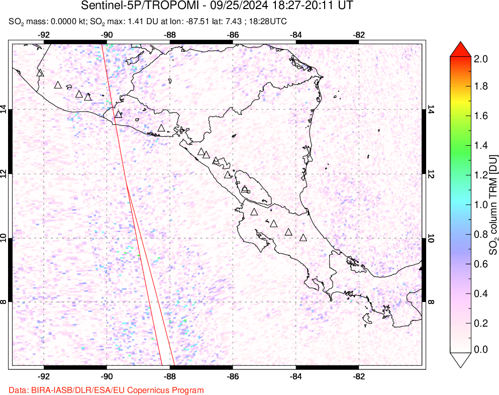 A sulfur dioxide image over Central America on Sep 25, 2024.