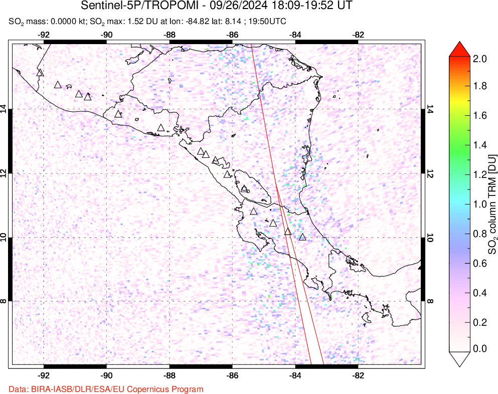 A sulfur dioxide image over Central America on Sep 26, 2024.