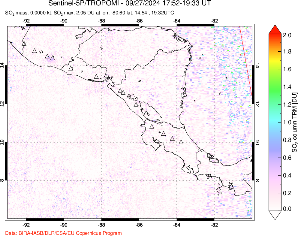 A sulfur dioxide image over Central America on Sep 27, 2024.