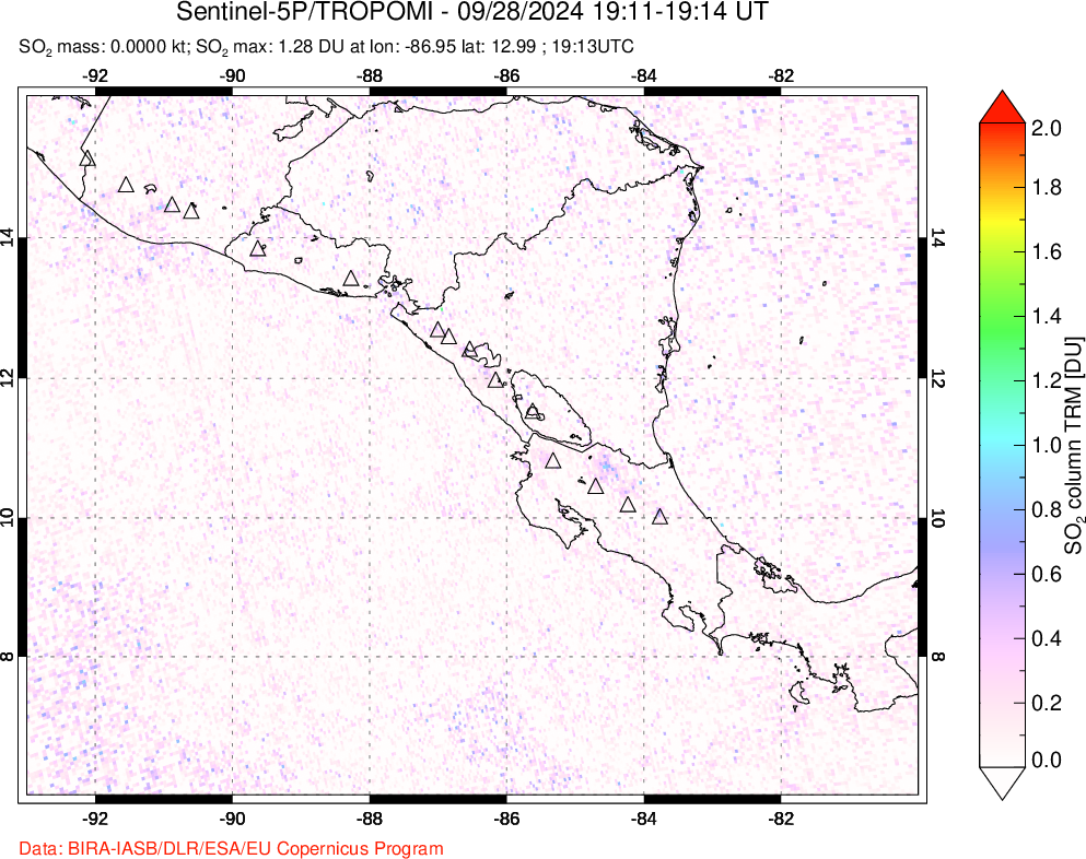 A sulfur dioxide image over Central America on Sep 28, 2024.