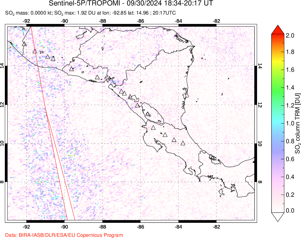 A sulfur dioxide image over Central America on Sep 30, 2024.