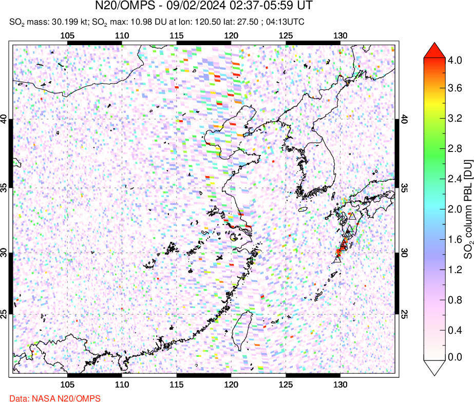 A sulfur dioxide image over Eastern China on Sep 02, 2024.