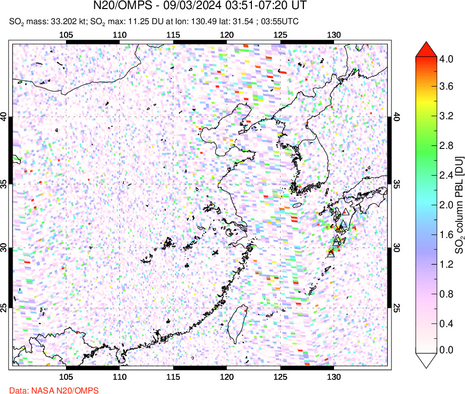 A sulfur dioxide image over Eastern China on Sep 03, 2024.