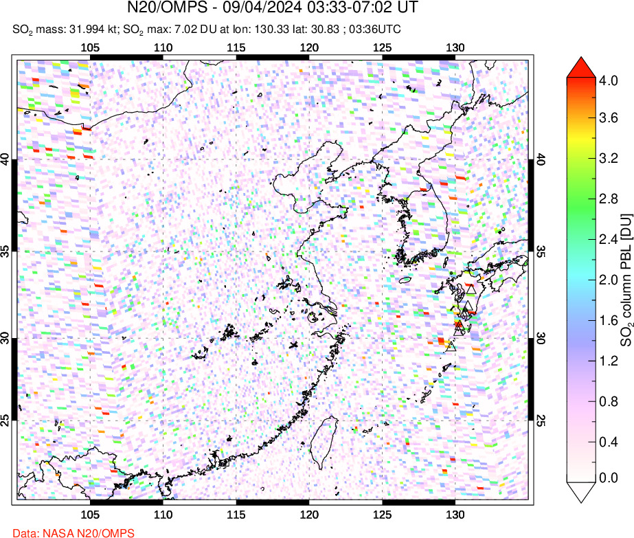 A sulfur dioxide image over Eastern China on Sep 04, 2024.