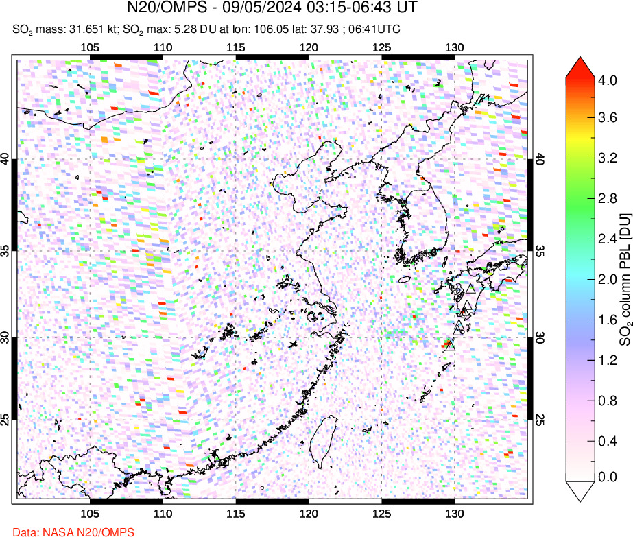 A sulfur dioxide image over Eastern China on Sep 05, 2024.