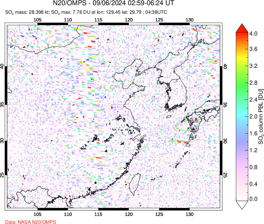 A sulfur dioxide image over Eastern China on Sep 06, 2024.