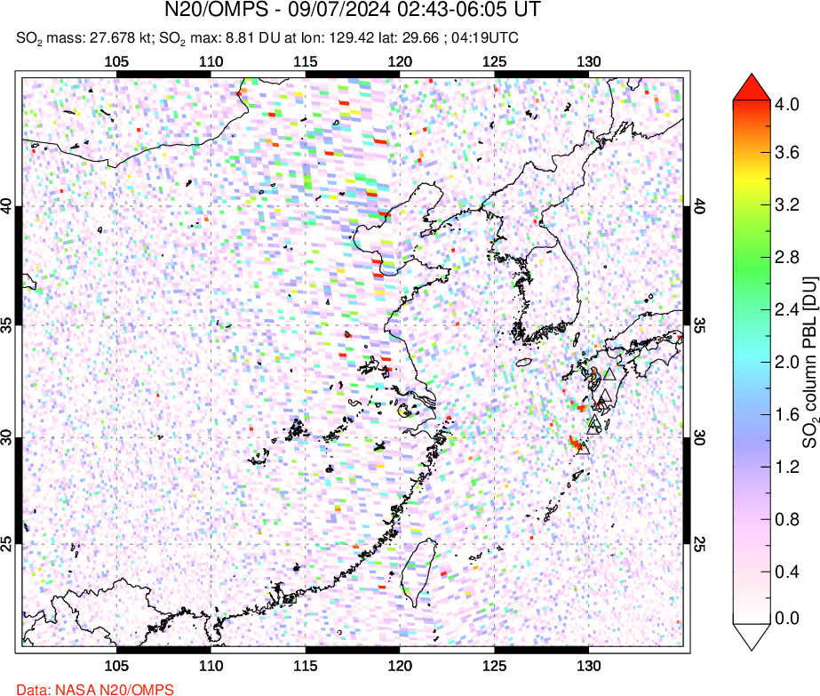 A sulfur dioxide image over Eastern China on Sep 07, 2024.