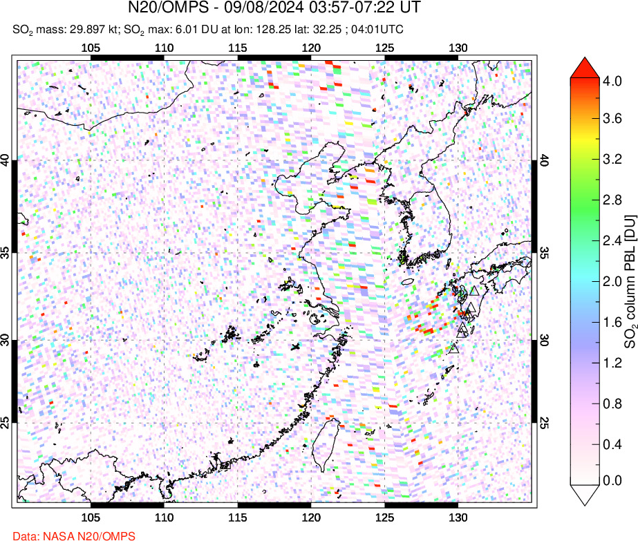 A sulfur dioxide image over Eastern China on Sep 08, 2024.