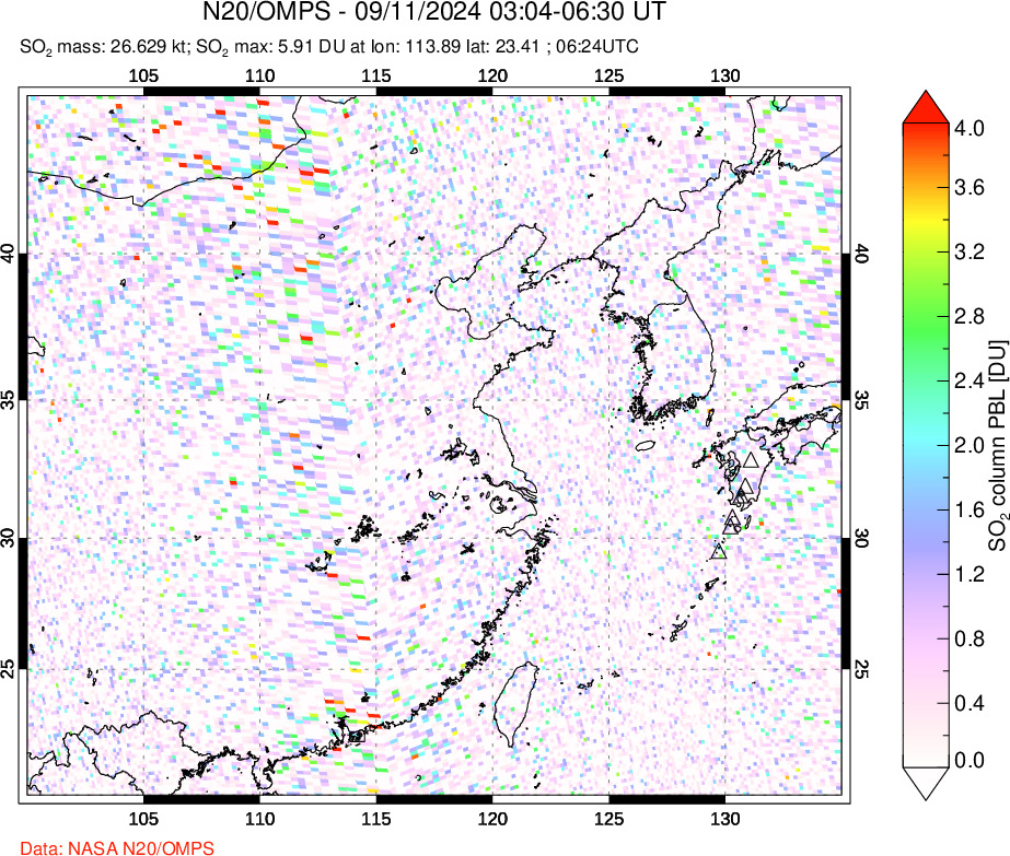 A sulfur dioxide image over Eastern China on Sep 11, 2024.