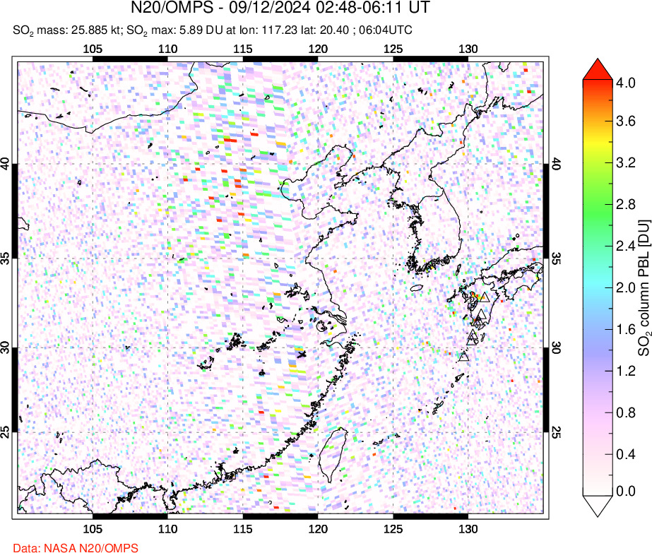 A sulfur dioxide image over Eastern China on Sep 12, 2024.