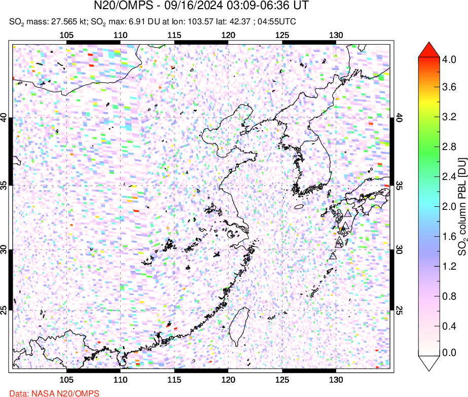 A sulfur dioxide image over Eastern China on Sep 16, 2024.