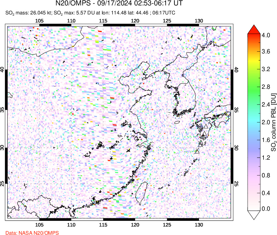 A sulfur dioxide image over Eastern China on Sep 17, 2024.