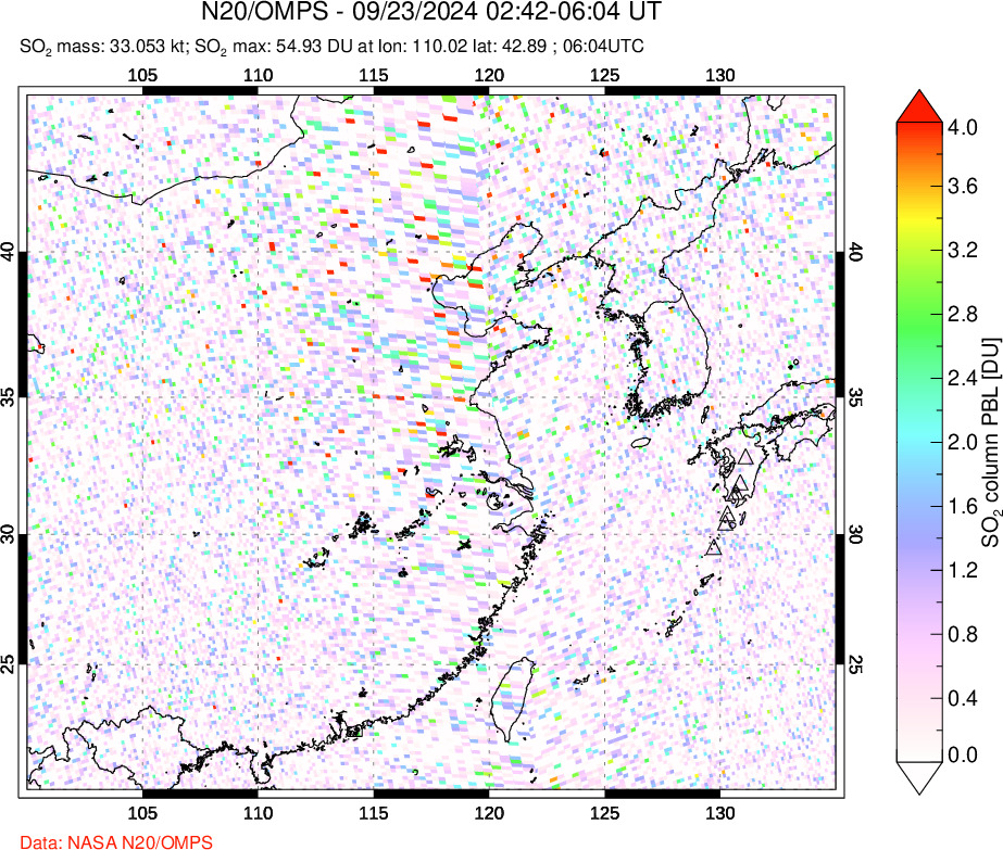 A sulfur dioxide image over Eastern China on Sep 23, 2024.