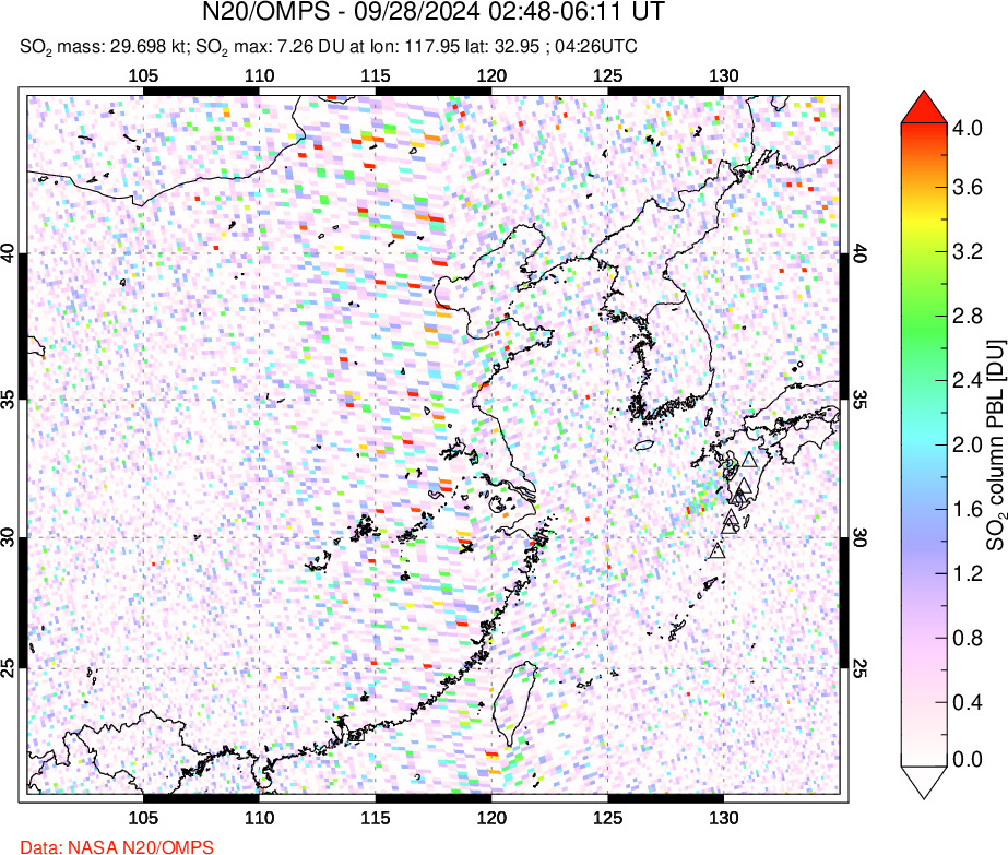 A sulfur dioxide image over Eastern China on Sep 28, 2024.