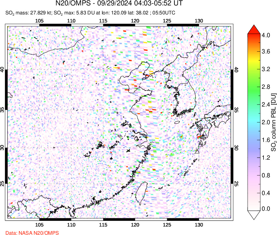 A sulfur dioxide image over Eastern China on Sep 29, 2024.