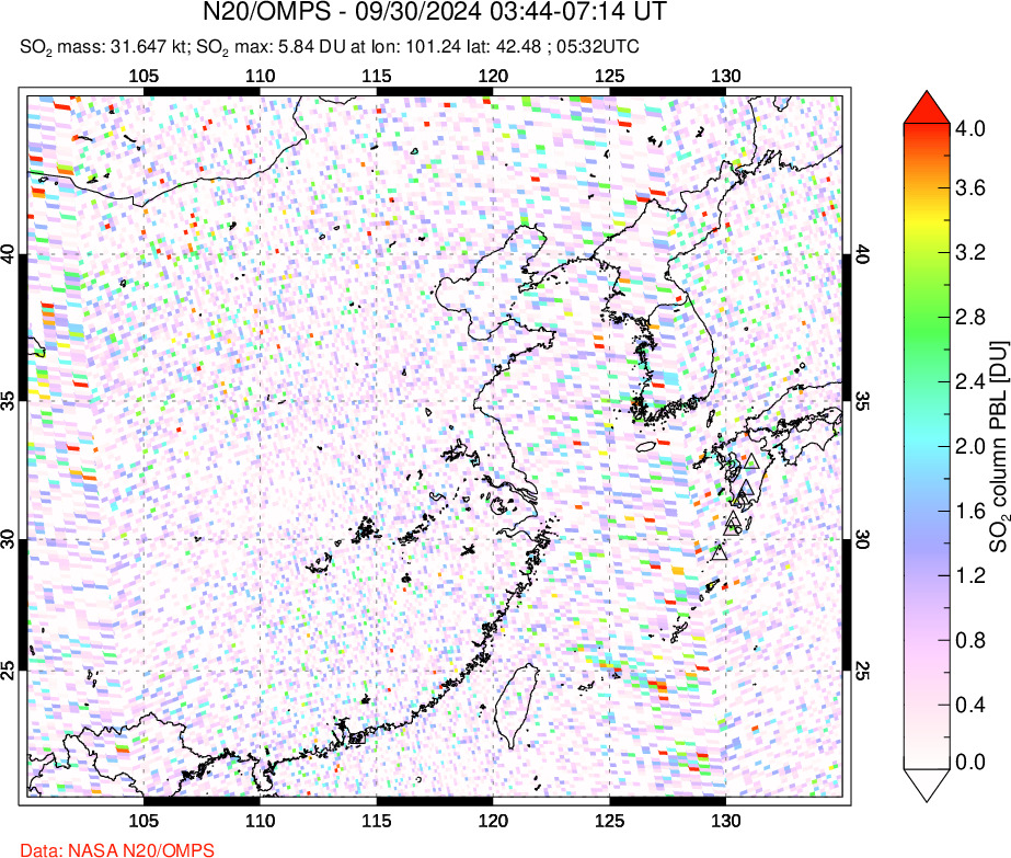 A sulfur dioxide image over Eastern China on Sep 30, 2024.