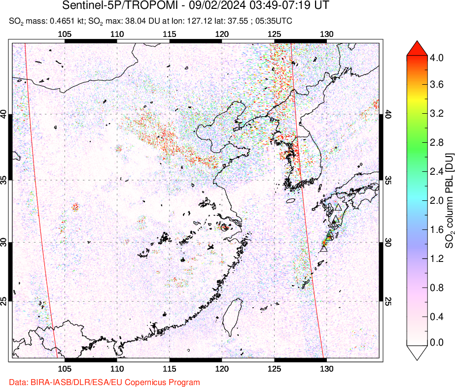 A sulfur dioxide image over Eastern China on Sep 02, 2024.