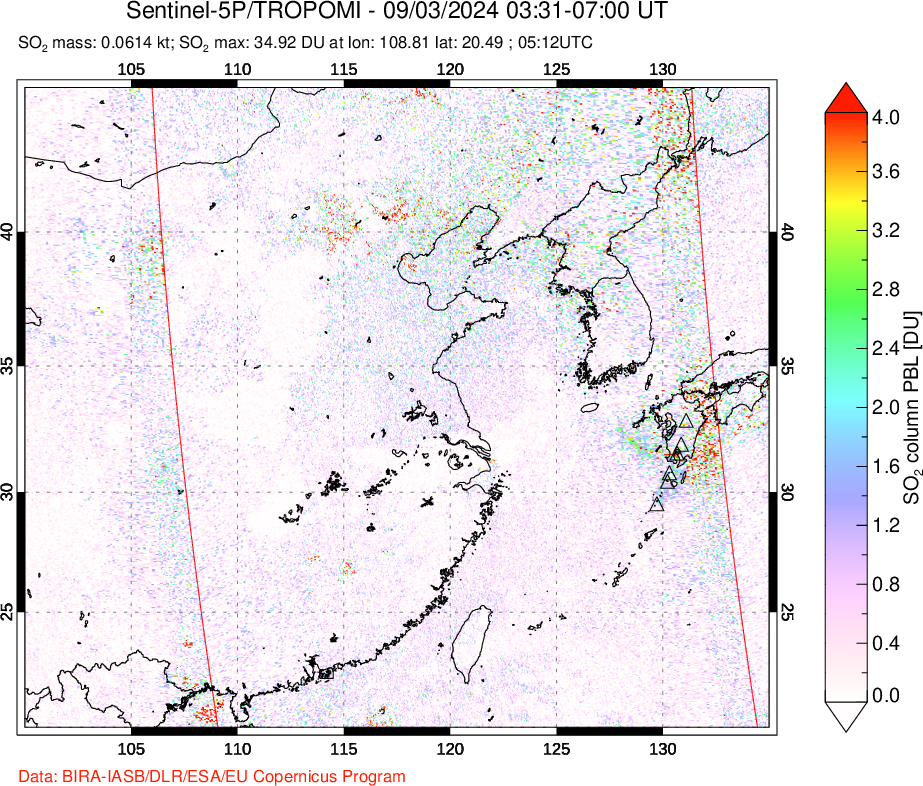 A sulfur dioxide image over Eastern China on Sep 03, 2024.