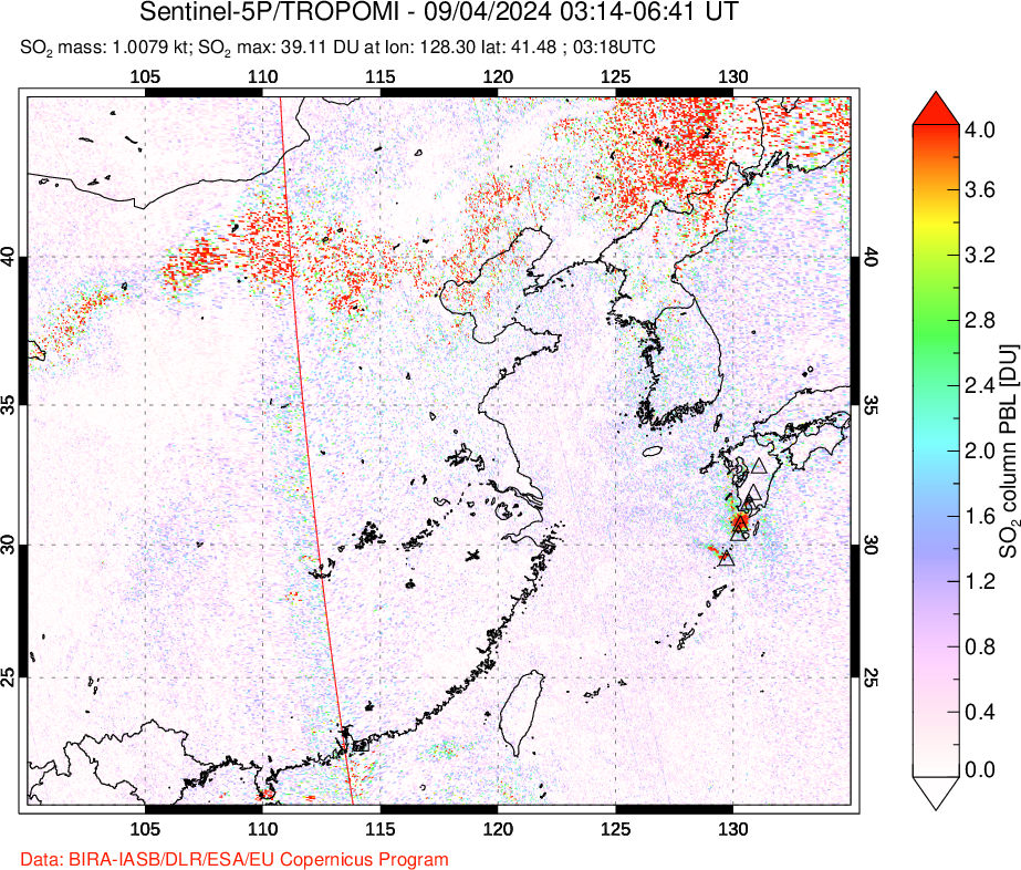 A sulfur dioxide image over Eastern China on Sep 04, 2024.