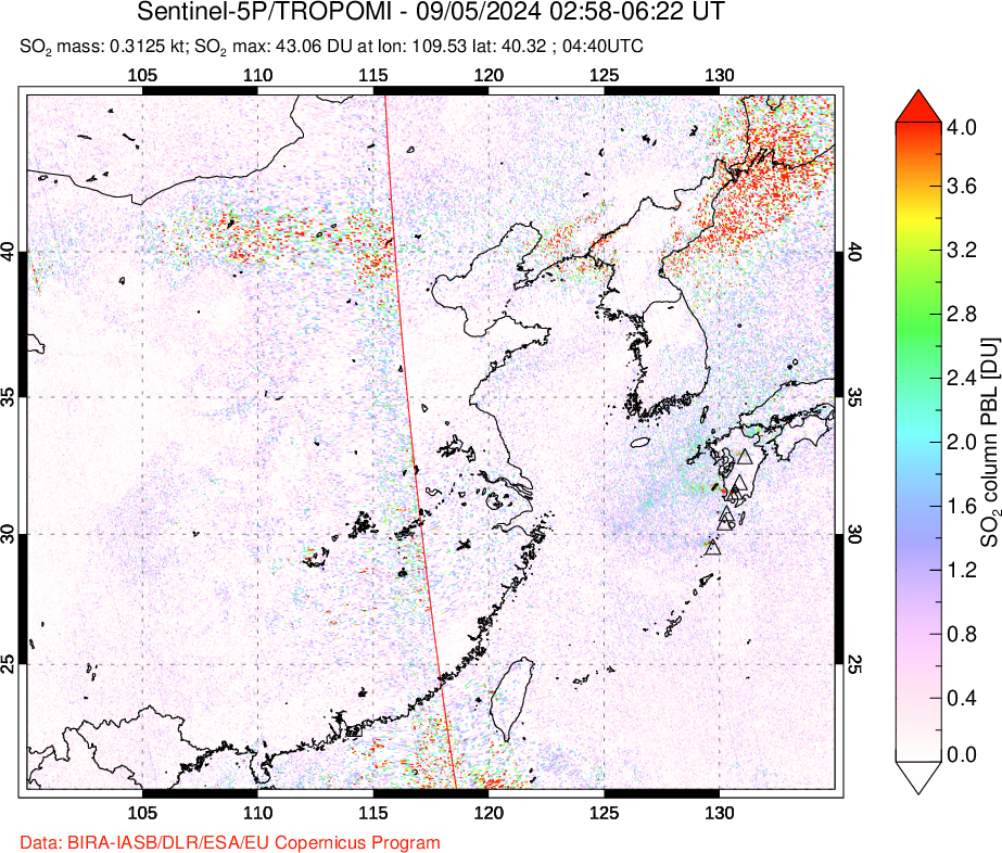 A sulfur dioxide image over Eastern China on Sep 05, 2024.