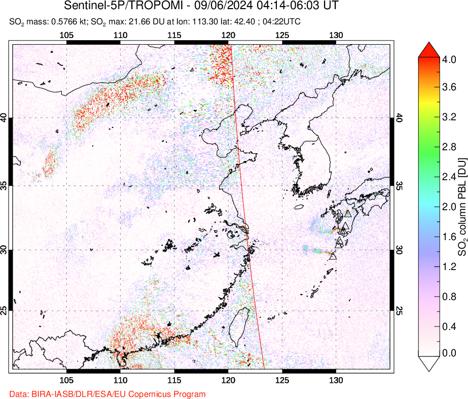 A sulfur dioxide image over Eastern China on Sep 06, 2024.