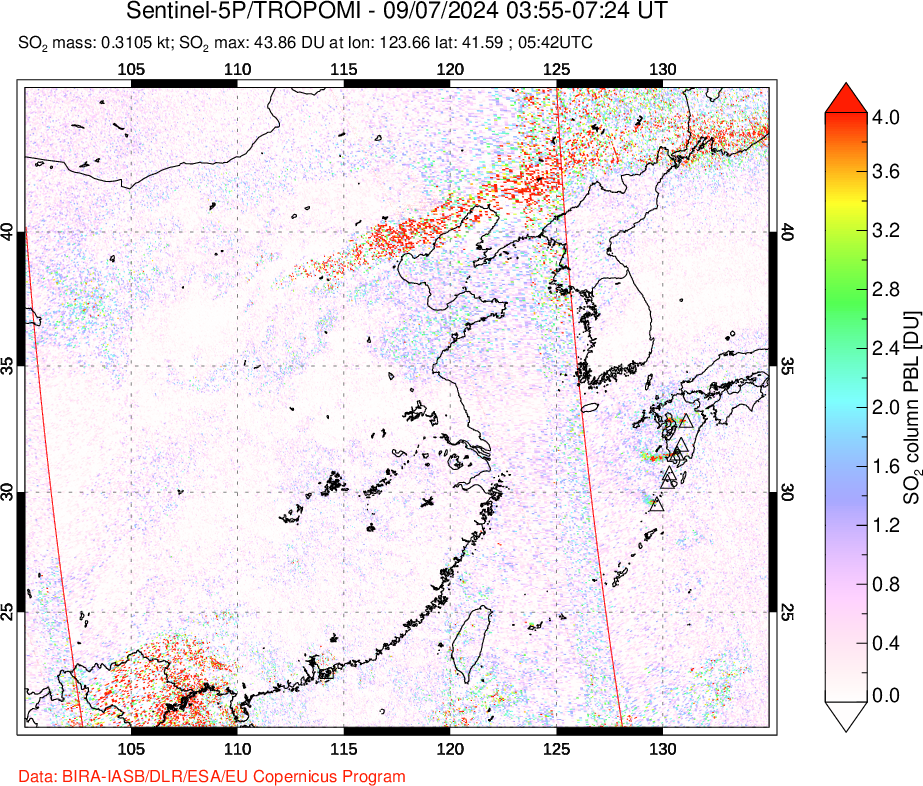 A sulfur dioxide image over Eastern China on Sep 07, 2024.