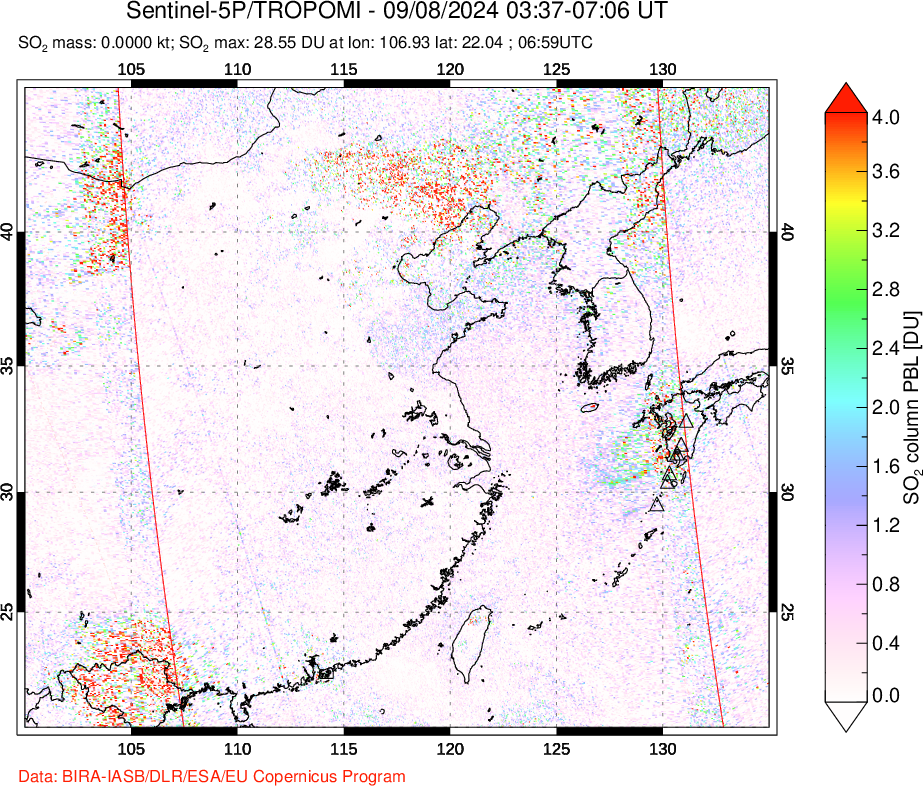 A sulfur dioxide image over Eastern China on Sep 08, 2024.