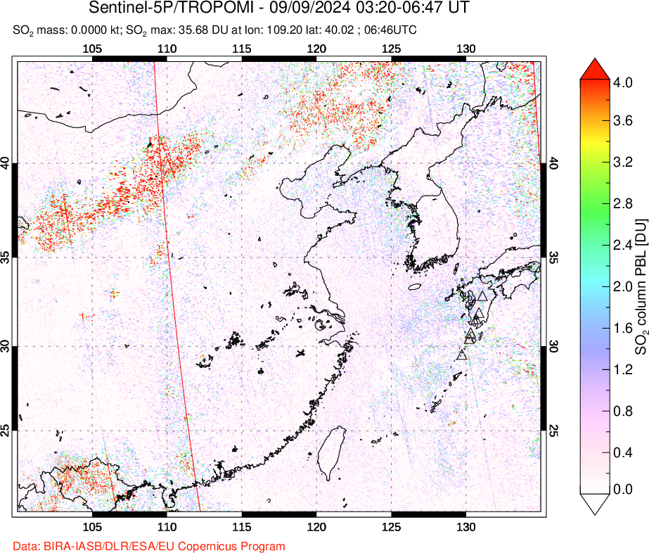 A sulfur dioxide image over Eastern China on Sep 09, 2024.