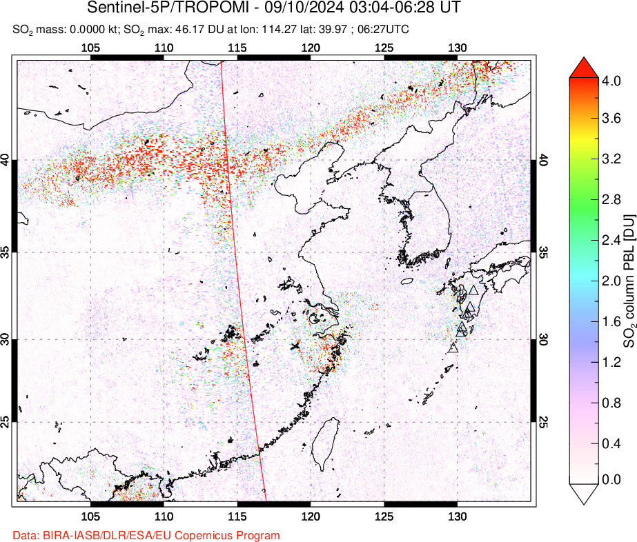 A sulfur dioxide image over Eastern China on Sep 10, 2024.