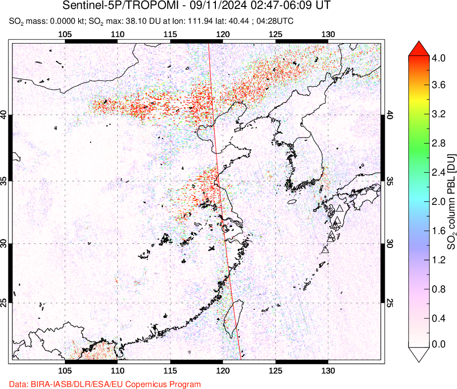 A sulfur dioxide image over Eastern China on Sep 11, 2024.