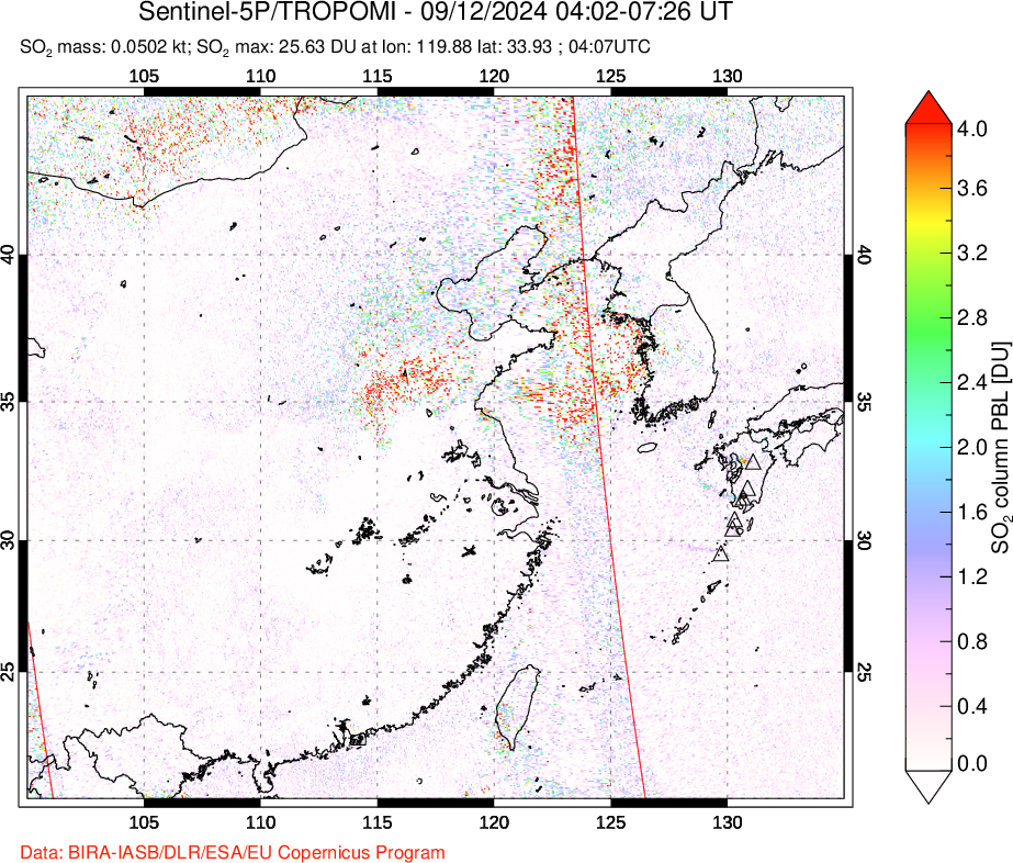 A sulfur dioxide image over Eastern China on Sep 12, 2024.